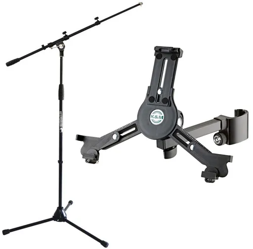 König & Meyer Tablet-Halterung K&M 19791 mit Mikrofonständer - Universal Tablet-Halterung für Tablets von 220-331 mm, stufenlos verstellbar und einfach zu befestigen. Inklusive Mikrofonständer für perfekten Halt auf der Bühne oder im Proberaum.