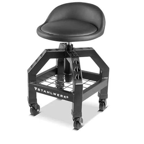 STAHLWERK Höhenverstellbarer Werkstatthocker VWH-300 ST - Bürohocker mit großem Ablagefach und bis 136 kg belastbar, ideal für Werkstatt und Büro. Der robuste Stahlrahmen und die kugelgelagerten Rollen garantieren hohe Mobilität und Stabilität.