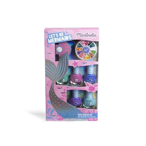 MARTINELIA Maniküre-Set für Kinder, Meerjungfrau, Set mit 5 Nagellacken, Feile und Zubehör für Nail Art, für Mädchen – Nagellack auf Wasserbasis, Blau, Rosa, Violett, Grün – nicht schädlich – Geschenk