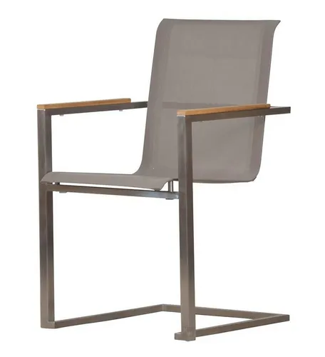 Kai Wiechmann Gartenstuhl Teak Edelstahl Freischwinger - Stuhl aus rostfreiem, leichtem Edelstahl mit witterungsresistenter Textilbespannung und eleganten Teakholz-Armlehnen, ideal für stilvolle Outdoor-Bereiche.