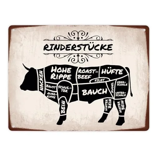Rinderstücke BBQ Beef Fleischstücke Metallschild XL in 21x28 cm Blechschild für den Grill als Dekoration für Grillfans und Fleischesser