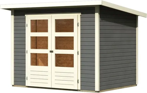Karibu Gartenhaus Stockach 3 – 19 mm terragrau - Das Karibu Gartenhaus Stockach 3 überzeugt mit einfachem Steck- und Schraubsystem für schnellen Aufbau. Ideal als Geräteunterstand oder Hobbyraum. Robuste Fichtenholz-Konstruktion mit elegantem Pultdach.