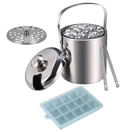 Lamker Eiskübel mit Deckel Zange Eiszange und Silikon Eiswürfelform 1.3L Klein Eiseimer Edelstahl Metall Eisbehälter Eiswürfelbehälter Eiskühler Ice Bucket für Hausbar zum Kühlen Bier Champagner Wein