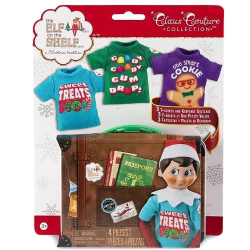 The Elf on The Shelf Claus Couture Candy Shirts 3er Set - 3 festliche T-Shirts mit Jellybean-, Plätzchen- und Lebkuchen-Motiven, inkl. praktischen Reisekoffer für kreative Abenteuer