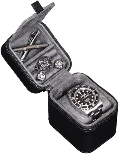 ROTHWELL Reiseetui für Einzeluhren, kompakte PU-Leder-Schutzhülle mit Mikrovelours-Innenseite, passend für Uhren und Smartwatches bis 55 mm (Schwarz/Grau)