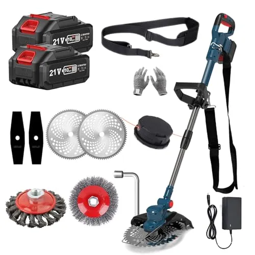 Rasentrimmer mit Akku, 21 V, kabellos, mit Akku, elektrischer Rasentrimmer, kabellos, mit 2 Akkus 4,0 Ah, für Garten und Gartenarbeit, Blau