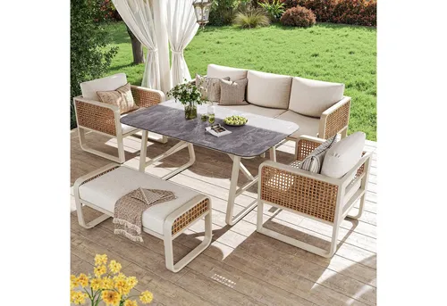 OKWISH Gartenlounge-Set 5-tlg. mit Relaxfunktion - Flexibles Gartenmöbelset für 6-7 Personen. UV-beständiges PE-Rattan und robustes Metallgestell bieten Langlebigkeit. Mit abnehmbaren, spritzwassergeschützten Kissen für optimalen Sitzkomfort – ideal für Terrasse oder Balkon.