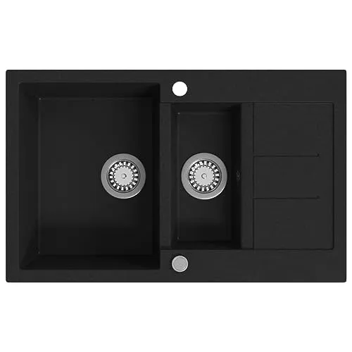 vidaXL Granitspüle Doppelbecken Schwarz - Sanitäranlagen & Zubehör – Elegante, hitzebeständige und kratzfeste Granitspüle mit zwei Becken, die reversibel montiert werden kann und einfach zu reinigen ist.