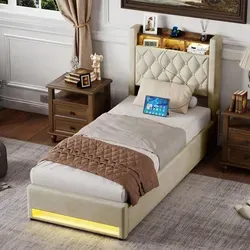 okwish Polsterbett 90×190 mit LED-Beleuchtung & USB-Anschlüssen