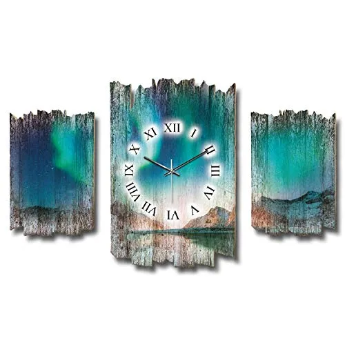 Kreative Feder Dreiteilige Designer-Wanduhr Polarlicht Nordlichter Shabby-Chic Landhaus-Stil Wanduhr leise kein Ticken 95x60cm aus Holz (Nordlichter, leises Quarzuhrwerk)