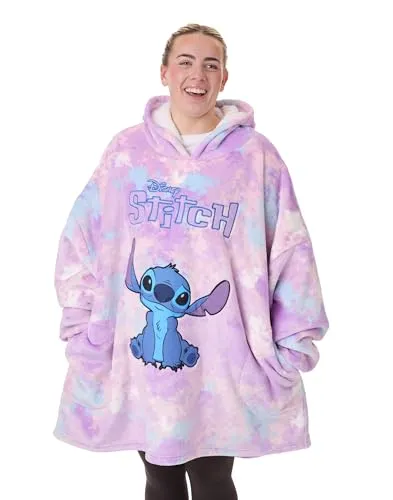 Disney Tragbare Decke für Damen von Lilo & Stitch | Damen-Fleece-Hoodie mit Aquarell-Lila- und Blau-Stickerei | Schwerer, bequemer Kapuzenpullover | Loungewear-Film-Merchandise-Geschenk