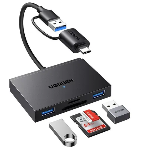 UGREEN 4 in 1 SD Kartenleser - Externe Kartenlesegeräte mit 5Gbps Übertragungsgeschwindigkeit, ermöglicht gleichzeitiges Lesen von 2 Karten und Anschluss von 4 Geräten für maximale Effizienz.