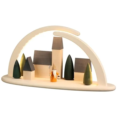 Seiffener Volkskunst eG LED Schwibbogen Stadt mit Nachtwächterwichtel - Schwibbögen aus Holz, handbemalt und mit USB-Stecker. Höhe 21 cm, Breite 42 cm – ein perfektes Geschenk für Sammler und Liebhaber traditioneller Handwerkskunst.