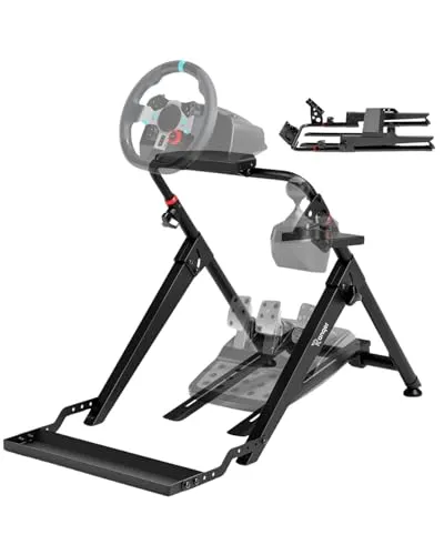 Ranqer Racing Wheel Stand Pro – Faltbarer Lenkradständer aus Stahl mit Höhen- und Neigungsverstellung, Integrierter Sitzhalterung, Kompatibel mit Logitech, Thrustmaster, Fanatec, Simagic – Schwarz