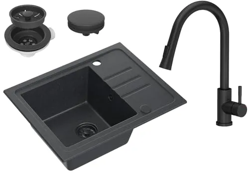 VBChome Granitspülbecken Schwarz 55 x 44 cm mit Armatur