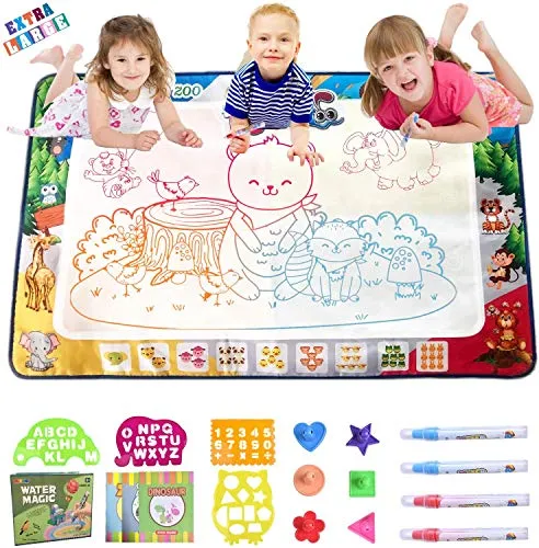 MOONTOY Tier Wassermalmatte 120 x 80cm, Wasser Doodle Matte Geschenk,Mädchen Malmatte mit Wasserstift Magic Doodle Spielzeug ab 2 Jahre Malen Lernspielzeug Geschenk 1 2 3 4 Jahre Mädchen Junge