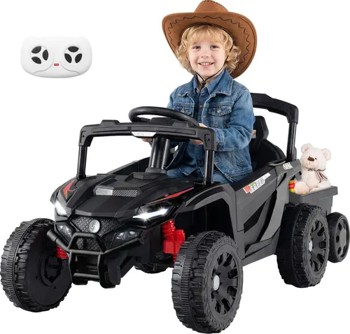 COSYWAY Kinder Elektroauto mit Anhänger – 12V, 2,4G Fernbedienung, Schwarz - Erlebe aufregende Fahrten mit dem COSYWAY Elektroauto! Mit verstärkter Kontrolle durch die Eltern und vielen Funktionen wie Softstart, LED-Lichtern und Musik für unvergesslichen Fahrspaß. Geeignet für Kinder ab 3 Jahren.