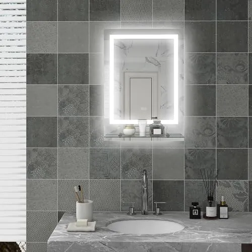 Kleankin Spiegel mit Beleuchtung und Touch-Schalter - Badspiegel mit Anti-Beschlag und Memory-Funktion, ideal für jedes Badezimmer, Maße: 70 x 50 cm, sorgt für optimale Beleuchtung beim Schminken oder Rasieren.