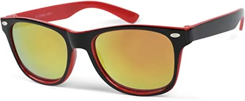 styleBREAKER Kinder Sonnenbrille Retro Nerd Design mit verspiegelten Gläsern | UV400 Schutz | Kunststoffrahmen | für Kleinkinder 18 Monate - 4 Jahre, Gestell Schwarz-Rot/Glas Orange-Rot verspiegelt