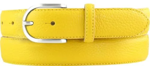 Italienischer Damen-Gürtel, 30 mm breit, Damen, Chinogürtel, Hosengürtel, strukturiertes Leder, Schließe Silber | Gelb 100cm