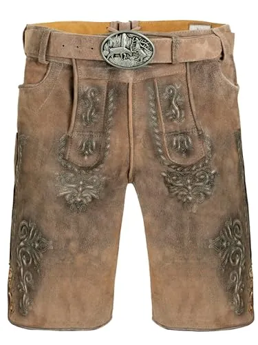 Trachten Lederhose Herren - Bayrische Tracht aus 100% Wildleder - Traditionelle Trachtenlederhose für Herren in braun mit uriger Stickerei und echtem Hirschhorn-Knopf. Ideal für Feste und den Alltag, aus hochwertigem Wildbockleder für optimalen Tragekomfort.