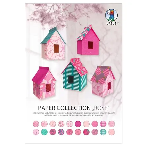 Ursus 61630003 - Paper Collection Rose, 20 Blatt handgeschöpftes Naturpapier, 35 - 200 g/m², 23 x 33 cm, in Rosatönen mit verschiedenen Designs, zum vielseitigen Basteln