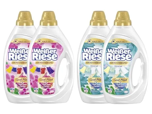 WEISSER RIESE Gel-Set 4x 22 Waschladungen (88WL) Aromatherapie 2x Color Orchidee & 2x Universal Lotus, mit Good Mood-Duft für unwiderstehlich duftende & strahlend saubere Wäsche