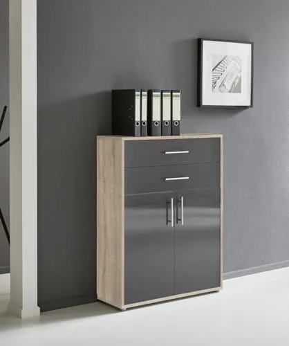 Aktenschrank TABOR mit Schubkästen - Hochwertiger Büroschrank in Sonoma Eiche/anthrazit Hochglanz mit 2 Schubkästen und 2 Türen, ideal für Ordnung im Büro und erhältlich in verschiedenen Farbvarianten.