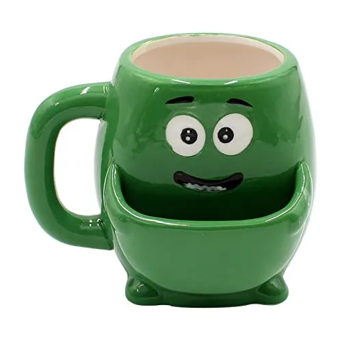 Dekohelden24 Kaffeebecher Kaffeetasse mit Keksfach aus Keramik - Motiv: grünes Monster - Größe: ca. H/Ø: 10 x 7 cm/Fassungsvermögen: 300ml