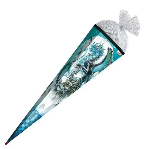 Roth Schultüte 85cm eckig Drache mit Silbertüll - Bunte Schultüte in eckiger Form, 85cm groß, mit aufregendem Drachenmotiv und schimmerndem Silbertüll für einen festlichen Schulanfang.