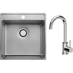 VBChome Edelstahlspüle mit Armatur 49 x 48 x 21 cm Inox Leinenstruktur Edelstahl Einbauspüle mit Hahnloch Küchenspüle Groß Becken Siphon Armat... - Silber