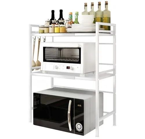 JEOBEST Regalelement Küchenregal Mikrowellenregal 3-Stufig, Erweiterbares Mikrowellen Regal, mit 6 Haken für Arbeitsplatte,Bäckereiregale,Küchenorganizer