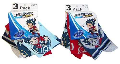 Beyblade Burst Let it Rip! Socken blau, rot, dunkelblau/grau mit verschiedenen Motiven von Valt und Shu, für Kinder, Jungen als 6er Pack (23/26)