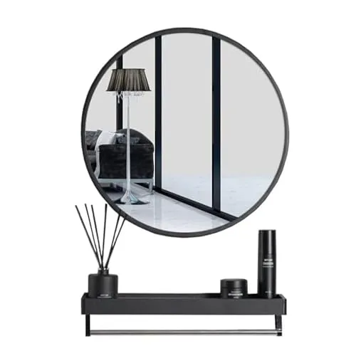 Best For Home - Schwarzer runder Spiegel mit Ablage 70 cm | Stilvolles Wanddesign für Bad, Flur oder Schlafzimmer - Moderner runder Spiegel mit praktischer Ablage für Kosmetik und Accessoires. Hochwertige Verarbeitung sorgt für klare Reflexionen. Einfache Montage für eine stilvolle Wandgestaltung.