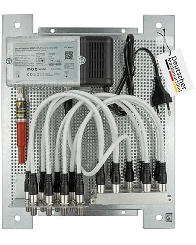 Produktbild maxx.onLine Antennenverstärker Kabelfernsehen für 8 Teilnehmer vormontiert auf Lochblech Montageplatte mit 33 dB Verstärkung & Rückkanal, Kabel Verteiler, Überspannungsschutz, F Quick-Verbindungskabel