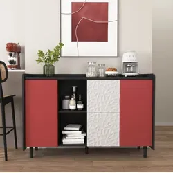 Anrichte Mdf Schwarz/rot 120 X 40 X 80 Cm Mit 2 Schubladen, Offenen Fächern Und Geschlossenem Schrank