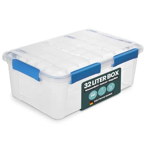 Kreher® Aufbewahrungsbox 32 Liter mit Deckel – wasserdicht & staubdicht, transparent & stapelbar, BPA- & schadstofffrei, robuste Kunststoffbox mit Silikondichtung & 6 Clips (1, 32 Liter)