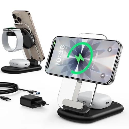 Induktive Ladestation,Mag Safe Ladegerät, 3 in 1 Mag Safe Ladestation Kompatibel mit iPhone 17 16 15 14 13 12 Pro Max/Air/Plus/Pro, 15W Wireless Charger faltbar für Apple Watch10/9,Airpods 3/2/Pro