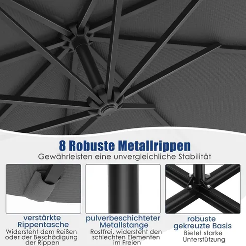 Solarbetriebener Ampelschirm 300 cm mit 40 LED-Leuchten in Grau