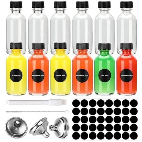 Mkitnvy 12 Shot Mini Glasflaschen Deckel,Flaschen zum Befüllen 60ml,Kleine Schnapsflaschen,Kleine Glasflaschen,Mini Fläschchen Trichter,Etiketten & Stift,für Ingwer Shot,ätherische Öle,Whisky