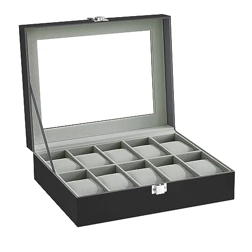 SONGMICS Uhrenbox mit 10 Fächern, Uhrenkasten mit Glasdeckel, Uhrenkoffer mit Herausnehmbaren Uhrenkissen, SAMT-Innenfutter, Metallverschluss, aus PU, Schwarz JWB010BK