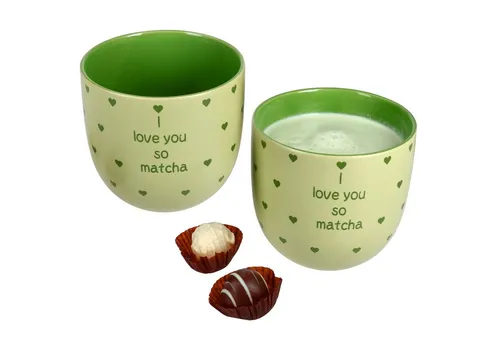 MamboCat Tasse 2x I Love Matcha Becher 370ml Steingut-Tassen 2 Personen Matcha-Drink, Steingut