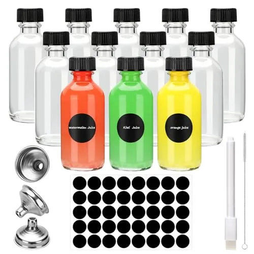 Flaschen zum Befüllen 60ml, 12 Shot Mini Glasflaschen mit Deckel, Kleine Glasflaschen, Kleine Schnapsflaschen, Mini Fläschchen mit Trichter, Etiketten & Stift, für ätherische Öle, Ingwer Shot, Whisky