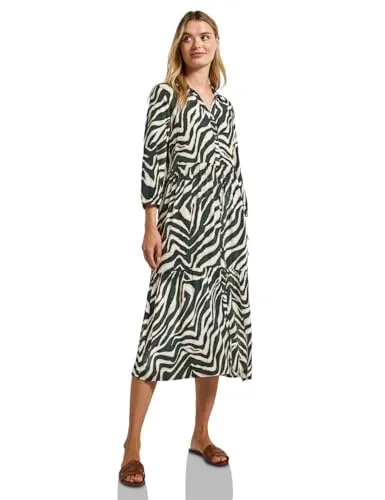 STREET ONE Damen A144561 Gemustertes Volant-Kleid - Kleider für Damen, Midi-Kleid mit Animal Print, durchgehender Knopfleiste und elastischen Bündchen für perfekten Tragekomfort.