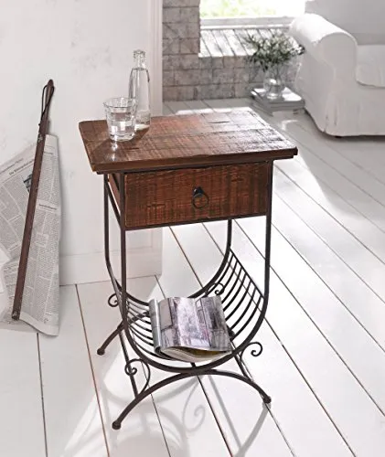 Dekoleidenschaft Beistelltisch Country-Style - Konsolentisch im Antik Design, bietet Stauraum mit Schublade und Zeitungsablage, ideal für rustikale Wohnräume.