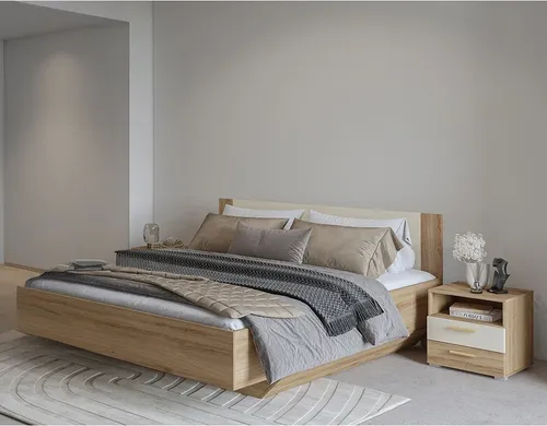 Schlafzimmer Set VARESE-83 mit Bettgestell 180x200 cm in Eiche - Stilvolles Schlafzimmer Set VARESE-83 mit Bettgestell 180x200 cm und eleganten sandbeigen Akzenten. Die 2 Nachtkommoden bieten praktischen Stauraum und verleihen deinem Raum eine harmonische Atmosphäre.
