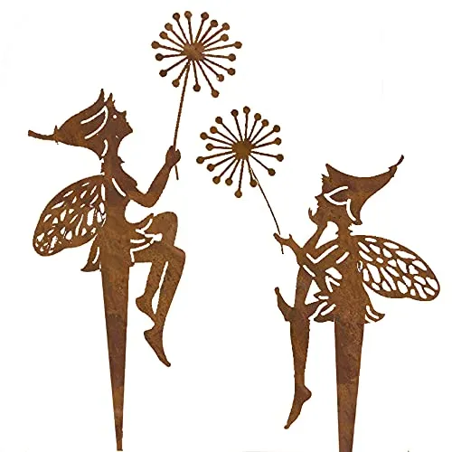 dekorativer Deko-Stecker Blumen-Pick Elfe Wichtel Blumenkind mit Pusteblume Metall edelrost als 2-er Set