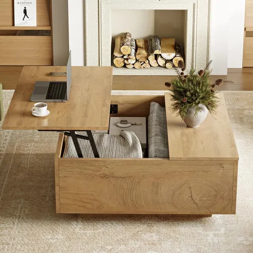 FABATO Eckiger Couchtisch höhenverstellbar mit Staufach im Landhaus-Design