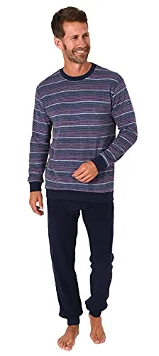 RELAX by Normann Herren Frottee Pyjama Schlafanzug lang mit Bündchen in Streifenoptik - auch in Übergrössen, Farbe:rot, Größe:58