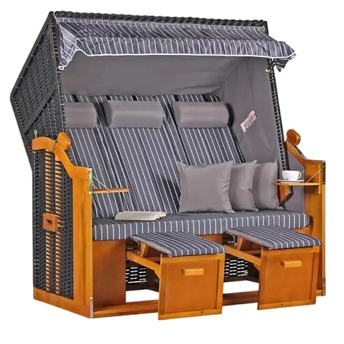 MR. DEKO Strandkorb Ostsee XXL Volllieger | PE Geflecht Schwarz inkl. 6 Kissen | Dessin Royal Anthrazit | Strandstuhl Liegestuhl DreisitzerStrandkörbe aus Hartholz | Garten, Wintergarten und Terrasse